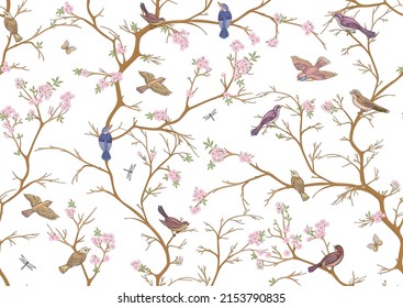 Cherry blossom branches against the sky with sparrow, finches. Seamless pattern, background. Vector illustration. Chinoiserie, traditional oriental botanical motif. In botanical style