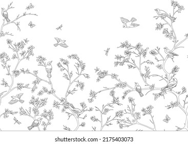 Cherry blossom branches against the sky with sparrow, finches. Seamless pattern, background. Vector illustration. Chinoiserie, traditional oriental botanical motif. In botanical style