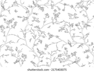 Cherry blossom branches against the sky with sparrow, finches. Seamless pattern, background. Vector illustration. Chinoiserie, traditional oriental botanical motif. In botanical style