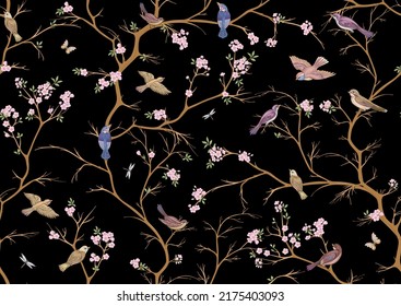 Cherry blossom branches against the sky with sparrow, finches. Seamless pattern, background. Vector illustration. Chinoiserie, traditional oriental botanical motif. In botanical style