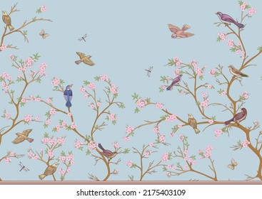 Cherry blossom branches against the sky with sparrow, finches. Seamless pattern, background. Vector illustration. Chinoiserie, traditional oriental botanical motif. In botanical style