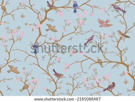 Cherry blossom branches against the sky with sparrow, finches. Seamless pattern, background. Vector illustration. Chinoiserie, traditional oriental botanical motif. In botanical style