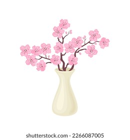 Cherry blossom. Branches of blooming  sakura in white vase isolated. Vector cartoon spring illustration.