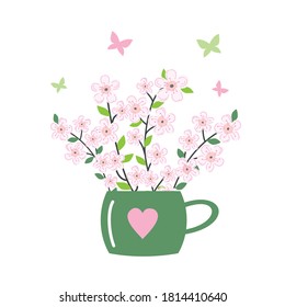 Cherry blossom branches in a Cup. Vector, white background, isolated.
