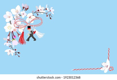 Cherry blossom branches, decorative background with Romanian "Martisor", frame for spring card