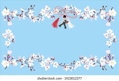 Cherry blossom branches, decorative background with Romanian "Martisor", frame for spring card