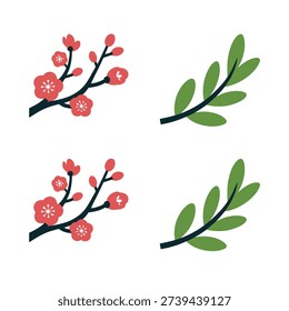 Cherry blossom branches and green leaf sprigs, floral remembrance icons for tomb sweeping, ancestor festival banner, poster, cemetery decoration design