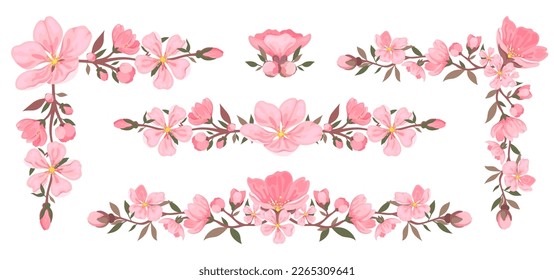 Kirschblütenstollen-Bukett Rahmenrahmen Eckplatte Set. Blumenfeder-rosa Sakuraflora delikate Element Design-Karte Einladung Geschenk Liebe Feiertagsdekizze Aufkleber im japanischen Porzellanstil einzeln auf Jahreszeit