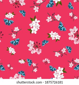 Cherry blossom and butterflies seamless pattern