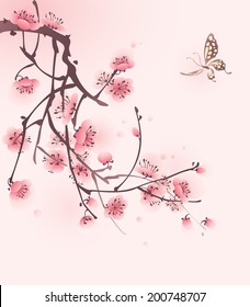 Cherry blossom and butterfly, vectorized brush painting.