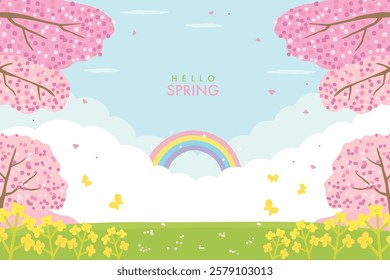 Cherry blossom and canola flower, rainbow background illustration, beautiful spring landscape.	
