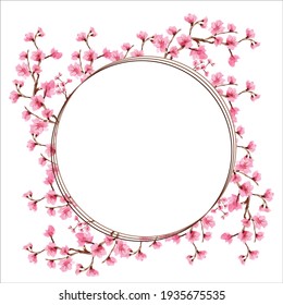 cherry blossom card with floral pattern. wreath of cherry blossom, adorable cherry blossom background with little branches and leaves, free space for your text