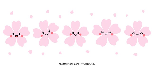 Cherry blossom cartoon with cute face and flying petals isolated on white background vector illustration. Cute cartoon character. 