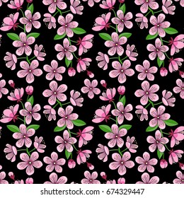 Cherry blossom chaotic seamless pattern on black background. Floral wallpaper, nature textile print.