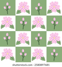 Cherry Blossom Checkered Seamless Pattern. Hand drawn Sakura chessboard background with spring pink flowers branches buds. Repeat vector illustration with checkerboard texture