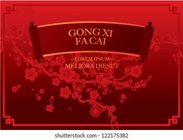 Cherry Blossom With Chinese Scroll Chinese Lunar New Year Template Vector/illustration