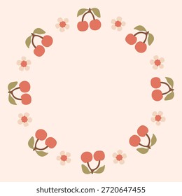 Cherry Blossom Circle Wreath. Minimal Hand Drawn Abstract Berry Fruit Chaplet with fresh Juicy Nature elements. Decorative Cute Spring Chaplet. Card template.