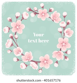 Cherry blossom circular wreath, spring flowers. Retro vector illustration. Place for your text. Design for invitation, banner, card, poster, flyer