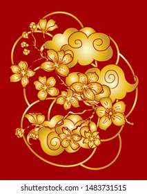 Cherry blossom with clouds and wave for tattoo and background.Traditional Japanese sakura flower vector on white.
