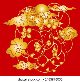 Cherry blossom with clouds and wave for tattoo and background.Traditional Japanese sakura flower vector on white.