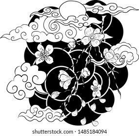 Cherry blossom with clouds and wave for tattoo and background.Traditional Japanese sakura flower vector on white.