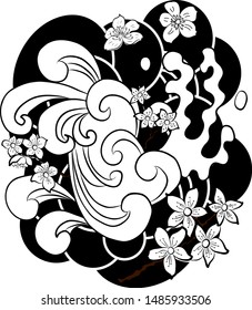 Cherry blossom with clouds and wave for tattoo and background.Traditional Japanese sakura flower vector on white.