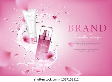 Cherry blossom cosmetic with water splashing for promotional pink poster template. Realistic 3d vector illustration.