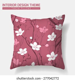 Cherry Blossom Decorative Throw Pillow design template. Creative sofa cushion. Original floral seamless pattern is complete, masked. Modern interior design element. Vector design is layered editable.