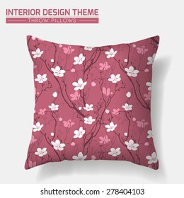 Cherry Blossom Decorative Throw Pillow design template. Creative sofa cushion. Original seamless floral seamless pattern is complete, masked. Modern interior design element. Vector is layered editable