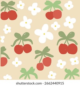 Cherry blossom delight seamless pattern, Vector illustration fruits and flowers design.
