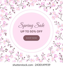 Cherry Blossom Design Banner with Blooming Pink Flower Vector Template