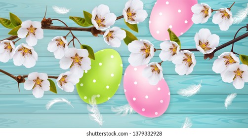 Cherry blossom and Easter colorful eggs Vector realistic. Spring holiday banner. 3d detailed poster templates