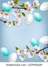 Cherry blossom and Easter colorful eggs Vector realistic. Spring holiday banner. 3d detailed poster templates