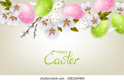 Cherry blossom and Easter colorful eggs Vector realistic. Spring holiday card. Delicate banner 3d detailed template