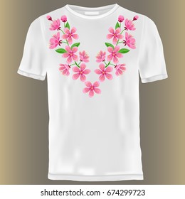 Cherry blossom embroidery corner pattern. Needlework textile decor.