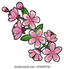 Cherry blossom embroidery patch. Needlework textile decor on white background