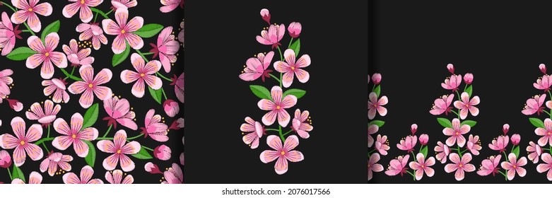 Cherry Blossom Embroidery print, seamless pattern and border set