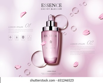 cherry blossom essence contained in droplet bottle  and flower petals  pink background 3d illustration