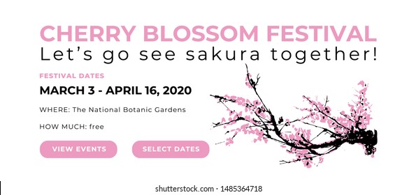 Cherry blossom event template with hand drawn branch with pink cherry flowers blooming.  Sakura blossoming festival banner. Chinese or Japanese traditional drawing. Vector.
