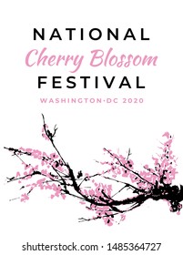 Cherry blossom event template with hand drawn branch with pink cherry flowers blooming.  Sakura blossoming festival banner. Chinese or Japanese traditional drawing. Vector.
