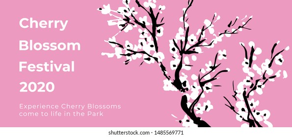 Cherry blossom event template with hand drawn branch with pink cherry flowers blooming.  Sakura blossoming festival banner. Chinese or Japanese traditional drawing. Vector.