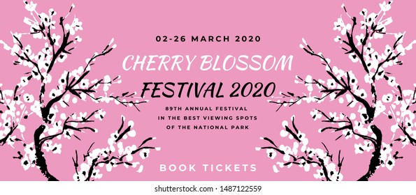 Cherry blossom event template with hand drawn branch with pink cherry flowers blooming.  Sakura blossoming festival banner. Chinese or Japanese traditional drawing. Vector.