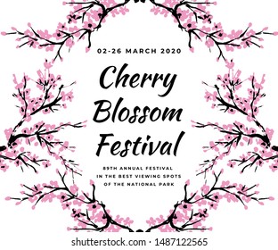 Cherry blossom event template with hand drawn branch with pink cherry flowers blooming.  Sakura blossoming festival banner. Chinese or Japanese traditional drawing. Vector.