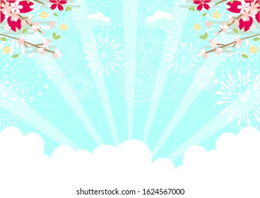 cherry blossom and fireworks in the blue sky and radiation,sun shine effect line