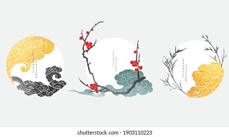 Cherry blossom flower, bamboo and chinese cloud decorations in vintage style. Japanese background with gold and black texture vector. Art landscape icon and logo design. 