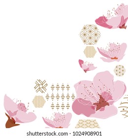 Cherry blossom flower pattern with gold Japanese graphic elements for poster, wallpaper, cover page design.