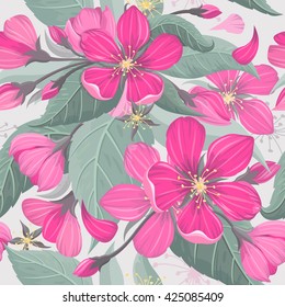 Cherry blossom flower seamless background pattern. Vector illustration.