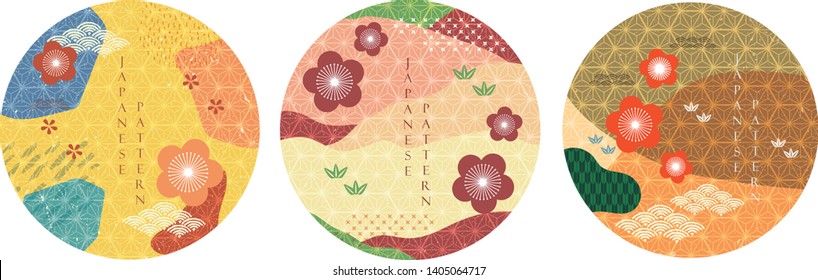 Cherry blossom flower template vector. Japanese pattern background. Circle shape backdrop set.