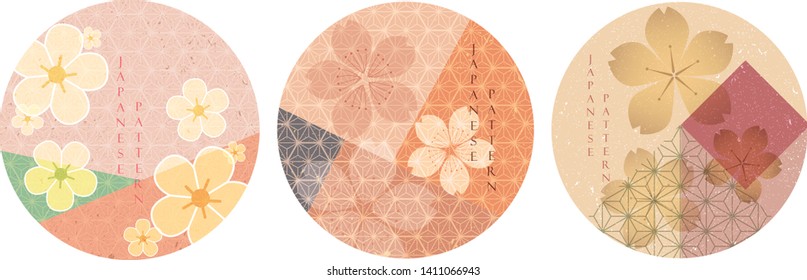 Cherry blossom flower template vector. Japanese pattern background. Circle shape backdrop set.