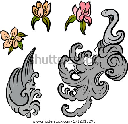 cherry blossom flower and water splash vector for tattoo background.Traditional Japanese floral illustration for doodle art and coloring book on white islated background.Chinese wave and clouds.
